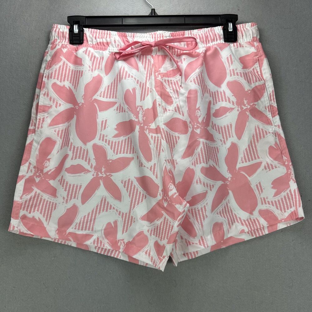 Surf Society Men's L Drawstring Swim Shorts Pink & White Floral Beach
